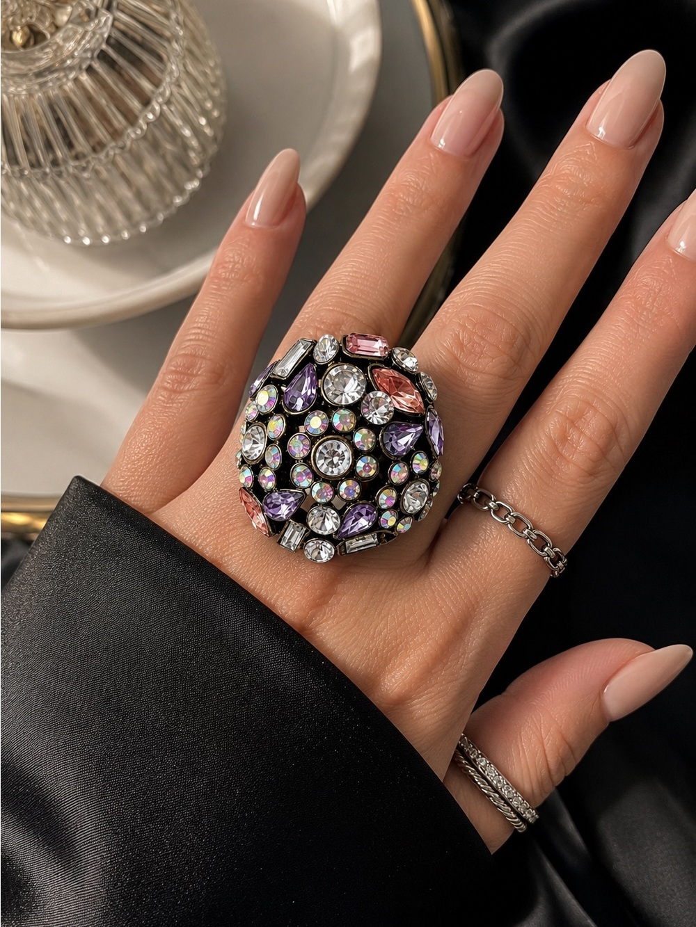 Oversized Rhinestone Stretch Cocktail Ring Purple AB Crystal Statement Ring